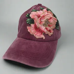 Flower Embellished Baseball Hat in Red