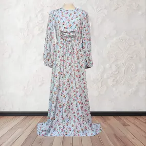 Floral Fancy Abaya in Soft Baby Blue Long Sleeve Maxi Dress with Adjustable Tie for Autumn Modest Womenswear Elegant Summer Fashion