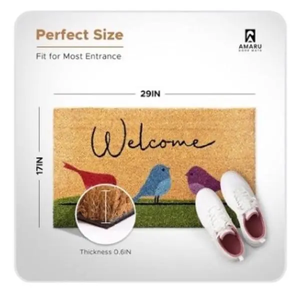 Colorful Birds - 17"x29" - Coir Door Mat with Heavy Duty Backing - Welcome Mats for Entryway, Porch - Anti-Slip PVC & Coconut Fiber Surface - Natural Home Accessories, Minimalist Original Design
