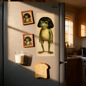 Funny Frog Fridge Magnet Kitchen Decor, Vintage Frog Art Refrigerator Magnet, Unique Frogs Portrait with a Distinctive Hairstyle, Complete with a Picture Frame, for Fridge or Magnetic Board