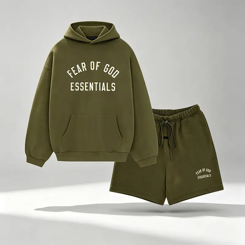 Fear of God Essentials Fleece Hoodie & Fleece Soccer Short Set 'Military'