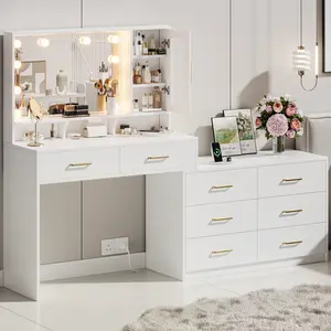 Large Vanity Desk with 3 Color Touch Screen Dimming Mirror, Built-in Charging Station, Modern Retractable Makeup Dressing Table with Storage Shelves and 8 Sliding Drawers, Available in White and Black