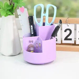Rotating Cartoon Pen Holder 360° Multi-Functional Desktop Storage Box, Cute Stationery Cosmetic Organizer, Includes Random Sticker