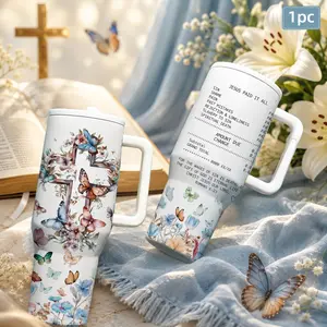 1 Pc 40oz Christian Faith Insulated Mug, Cross Butterfly Floral Print Tumbler With Handle, Bible Verse Receipt Style Design, White Large Capacity Travel Cup, Double Wall Leak Proof Lid, Religious Gift For Women Men Church Office Holiday