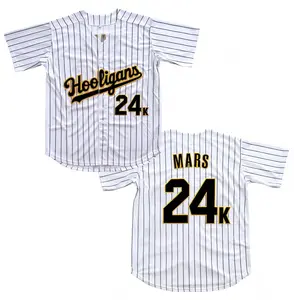 Men's #24K Pinstripe Baseball Jersey, White Stitched Breathable Mesh Streetwear Top Hooligans