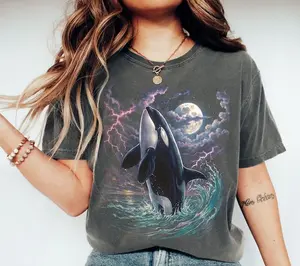 Vintage Orca Midnight 90s Graphic T-Shirt, Retro Killer Whale Shirt, 90s Ocean Wildlife Lightning Tee
