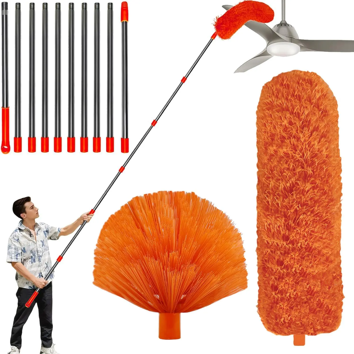 20 ft High Reach Duster Tool Kit with 2-14 ft Extension Pole, Cobweb & Corner Brush, Washable Microfiber Feather Head for Ceiling Fan, Furniture, Home Cleaning