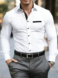 Men's Colorblock Shirt, Unique Chest Design, Casual Fitted Style, All Seasons Wear, Plain Pattern, Comfortable and Stylish, Casual Wear Clothing