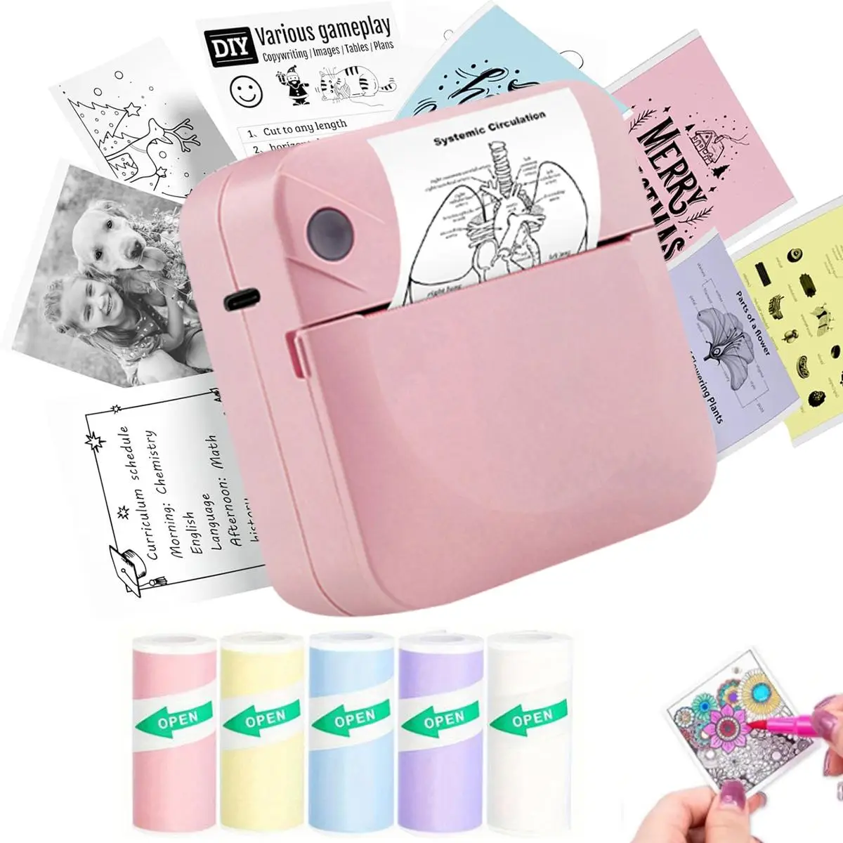 Portable Mini Printer, 1 Count USB Rechargeable Bluetooth-compatible Thermal Printer with 5 Rolls Paper, Compatible with iOS & Android, Office Supplie