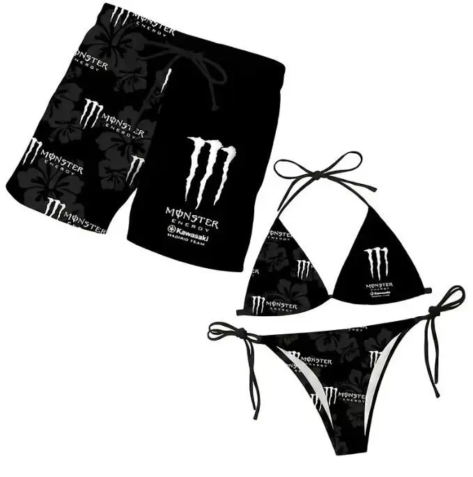 Matching Monster Floral Couple Swimwear Sets - Women's Swim Bra & Tie-Side Thong Bikini, Men's Beach Shorts, Summer Vacation Hawaiian Sports Swimwear