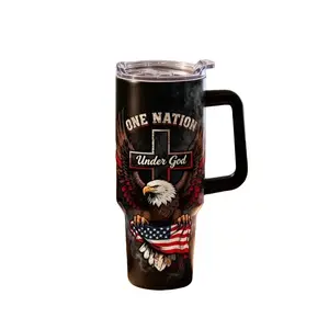 Stainless Steel Insulated Tumbler with Lid, 40oz Double Wall Vacuum Insulated Water Bottle Hot Cold 24 Hours, Leakproof Travel Mug Eagle American Flag One Nation Under God Gif