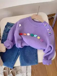 Girls' Floral Sweater for Fall & Winter, Sweet Round Neck Knitwear, Pure Color Base Layer, Korean Style Clothing, Knit Clothing Sweaters