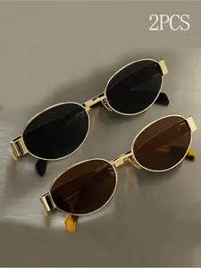 2 Pairs Women's Metal-Frame Oval Eyeglasses, Preppy-Style Shades for Daily Wear and Beach, Back to School Fashion Accessories, Classic Oval Sunglasses