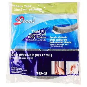Dennis Foam Tape – 3/4" W x 1/2" H x 17 Ft L, Open-Cell Poly Foam, Self-Adhesive Weatherstrip for Doors & Windows (Gray)