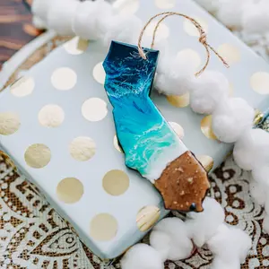 California Beach Resin Christmas Ornament, Handmade CA Shaped Ornament with Real Sand