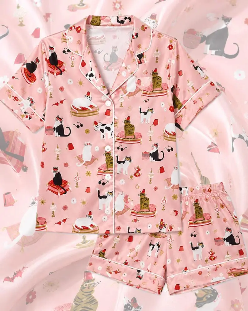 Cozy Catnap Pink Cat Pajama Set, Cute Kitty Sleepwear, Women's Button Up PJs, Gift for Cat Lovers