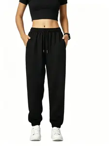 Women’s high-waisted drawstring jogger sweatpants — versatile harem pants available in multiple colors that create a slimming fit; everyday athletic long pants made from ice silk with a gathered hem.