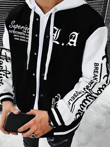 American Retro Letter Print Baseball Jacket, Casual Style with Collar, Long Sleeve for Fall Winter, Layered Wear with T-Shirt and Hoodie