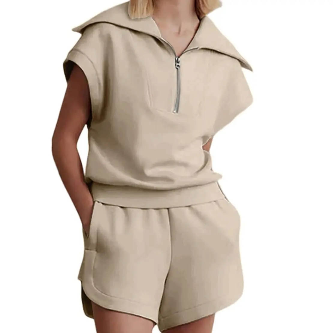 Women Two Pieces Outfits Half Zip Short Sleeve Sweatshirt shorts Tracksuit Sets