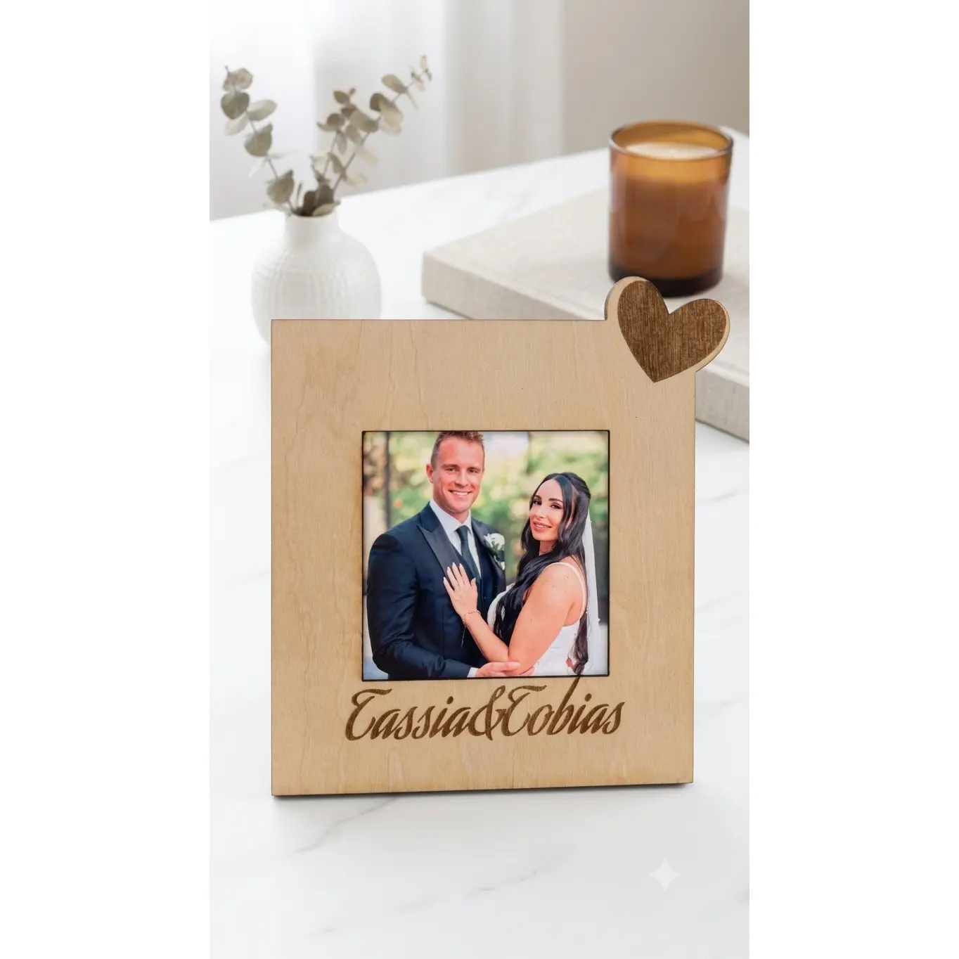Personalized Wooden Photo Frame with Engraved Names and Photo Magnet
