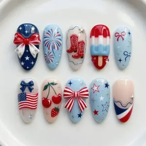 Patriotic Summer Press-On Nails, 3D Bow & Popsicle Design, Cherry and Western Boot Accents, Red White Blue Holiday Handmade Nails