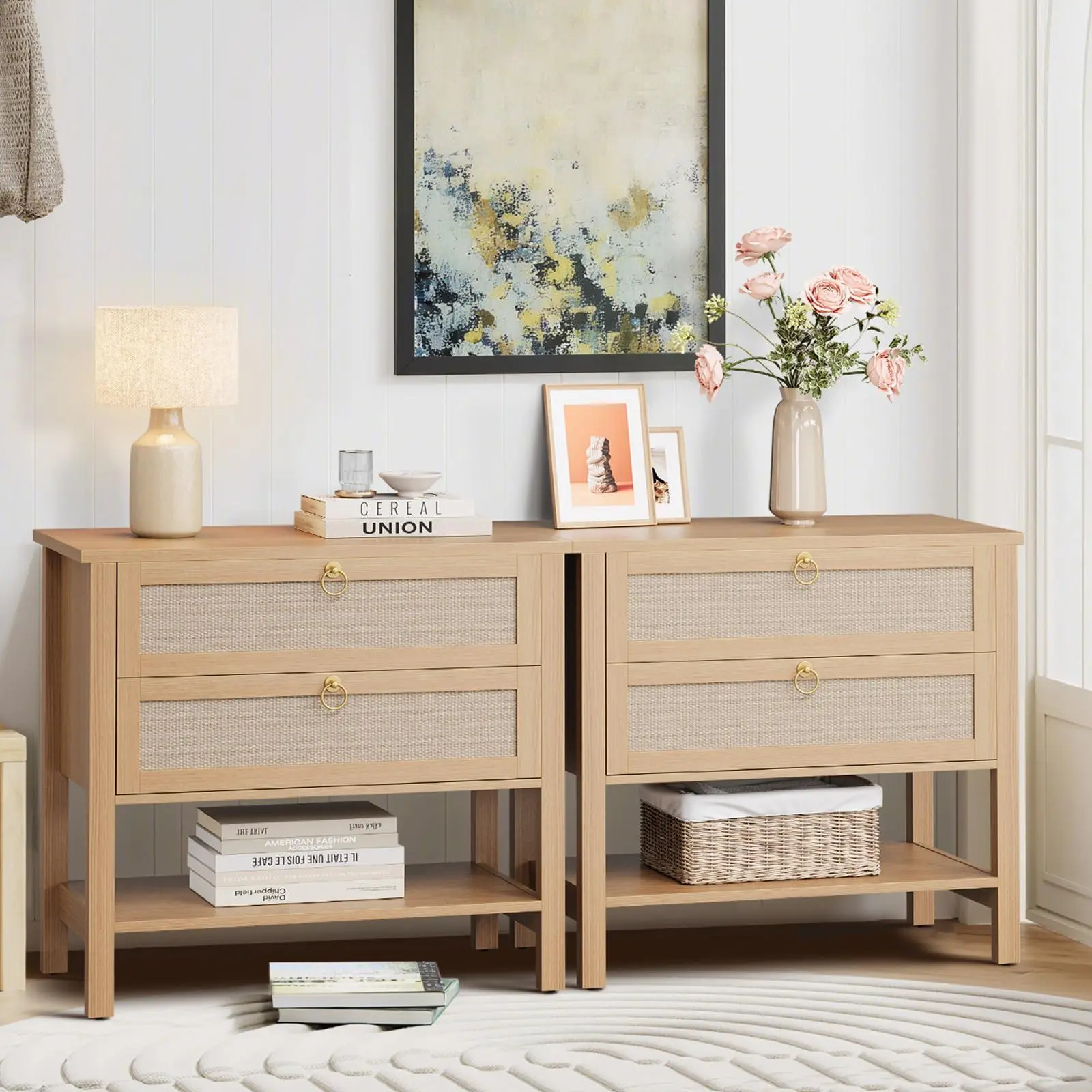 2-Piece Golden Mid-Century Modern Rattan Nightstands, Narrow Natural Cherry Wood Bedside Tables with Drawers & Storage Shelf, 15.4"d x 26.8"w x 25.9"h, Assembly Required for Bedroom