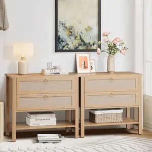 Nightstands Set of 2, Rattan Night Stand Bedside Table with Drawers Storage Shelf, Narrow Bedside Table, Mid Century Modern Nightstand for Bedroom Living Room (Cherry Wood)