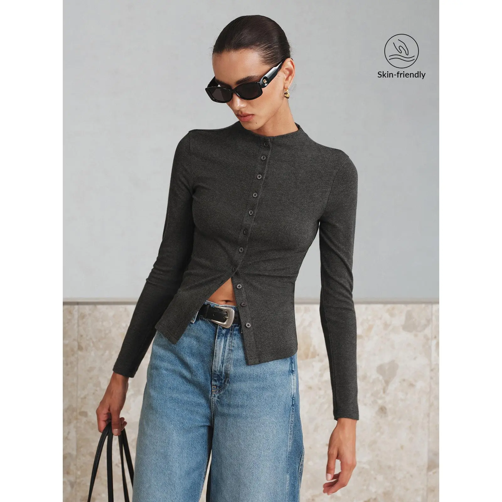 Mock Neck Button Long Sleeve T-Shirt