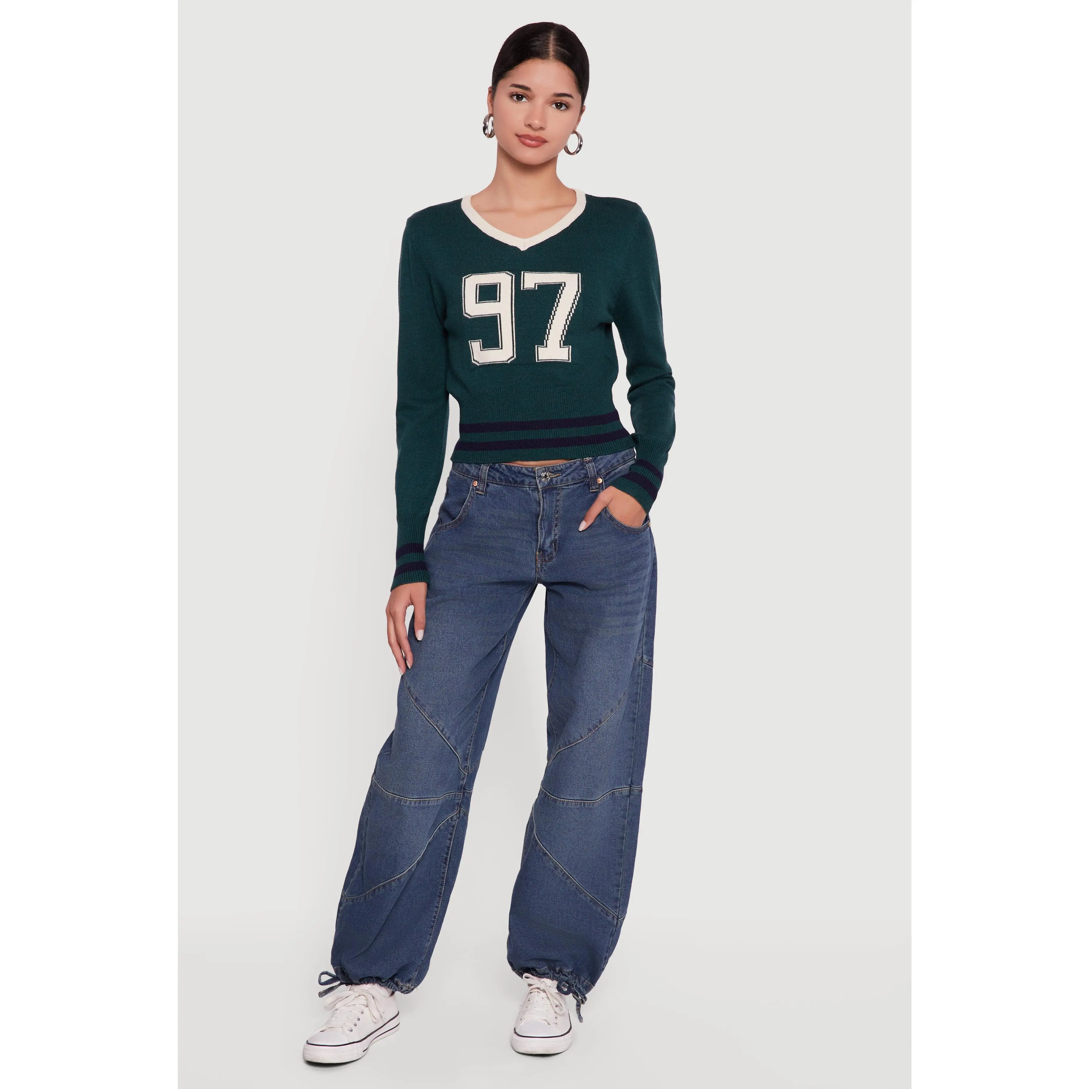 97 Graphic Varsity Stripe V-Neck Sweater