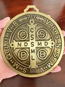 EXTRA LARGE 5 INCH ST BENEDICT CROSS MEDAL VINTAGE BRASS TONE FINISH FOR WALL OR DESK DISPLAY/MEDALLA DE SAN BENITO Religious Decoration