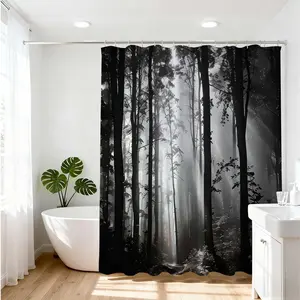 1pc Create a Tranquil Oasis Black and White Forest-Themed Shower Curtain, Bathroom Decoration Accessories, Elevate Your Bathroom Decor for a Modern, Nature-Inspired Home, Perfect for Minimalist Interior Designs and Peaceful Bathing Experience