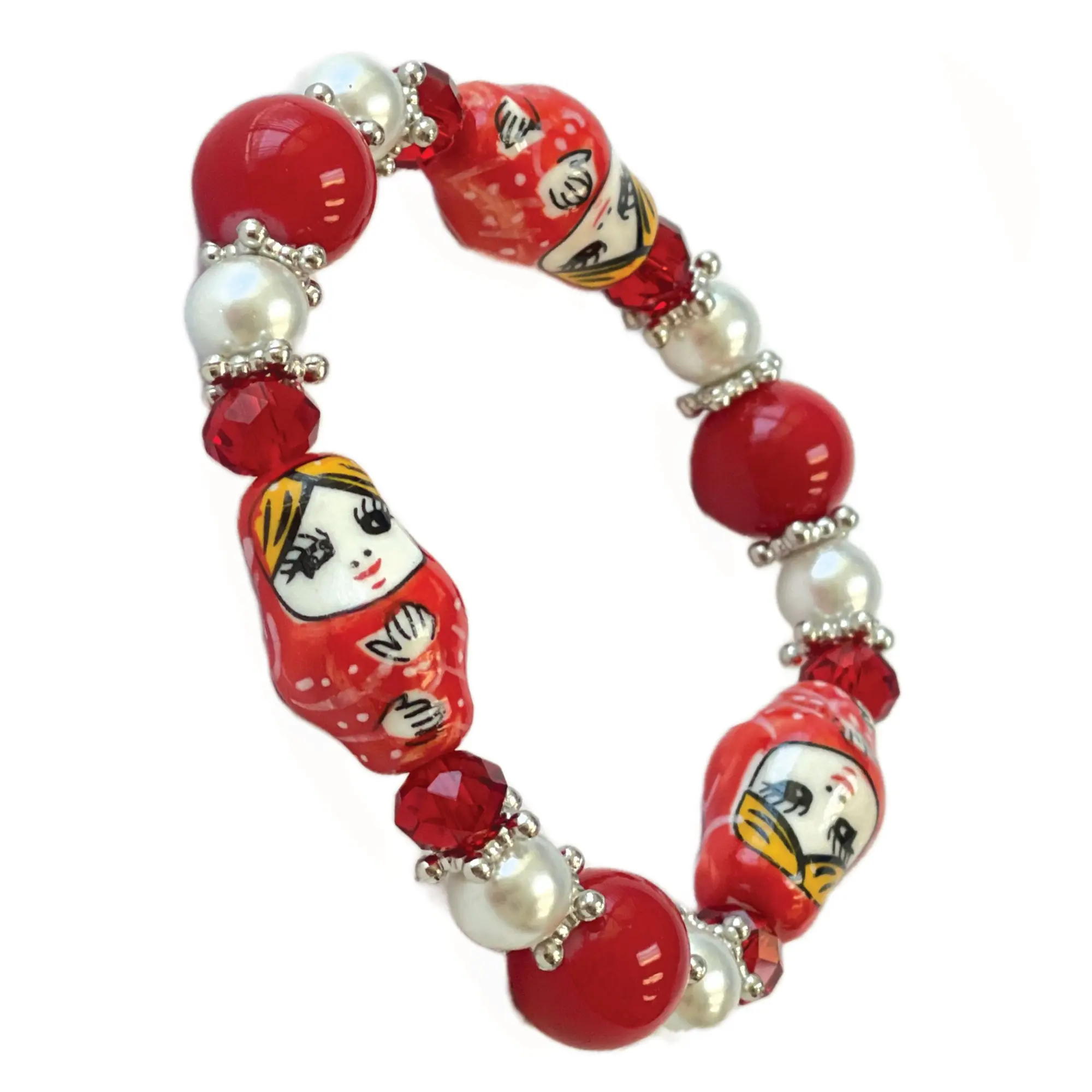 Russian Porcelain Doll Bracelet for Women, Ceramic Nesting Dolls Matryoshka Babushka Beaded Jewelry, Christmas Gift for Her, 11 Selections, 1 Pc