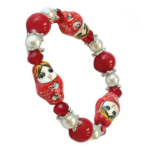 Russian Porcelain Doll Bracelet for Women, Ceramic Nesting Dolls Matryoshka Babushka Beaded Jewelry, Christmas Gift for Her, 11 Selections, 1 Pc