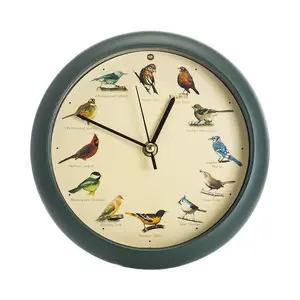 Singing Bird Desk Clock 8 Inch Green Decorative Wall & Table Clock with 12 Bird Songs Smart Light Sensor Battery Operated Nature Home Decor
