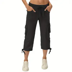 Women's Lightweight Quick-Dry Cotton Cargo Capris, Loose Cropped Pants with Pockets for Casual Outdoor Hiking Trips