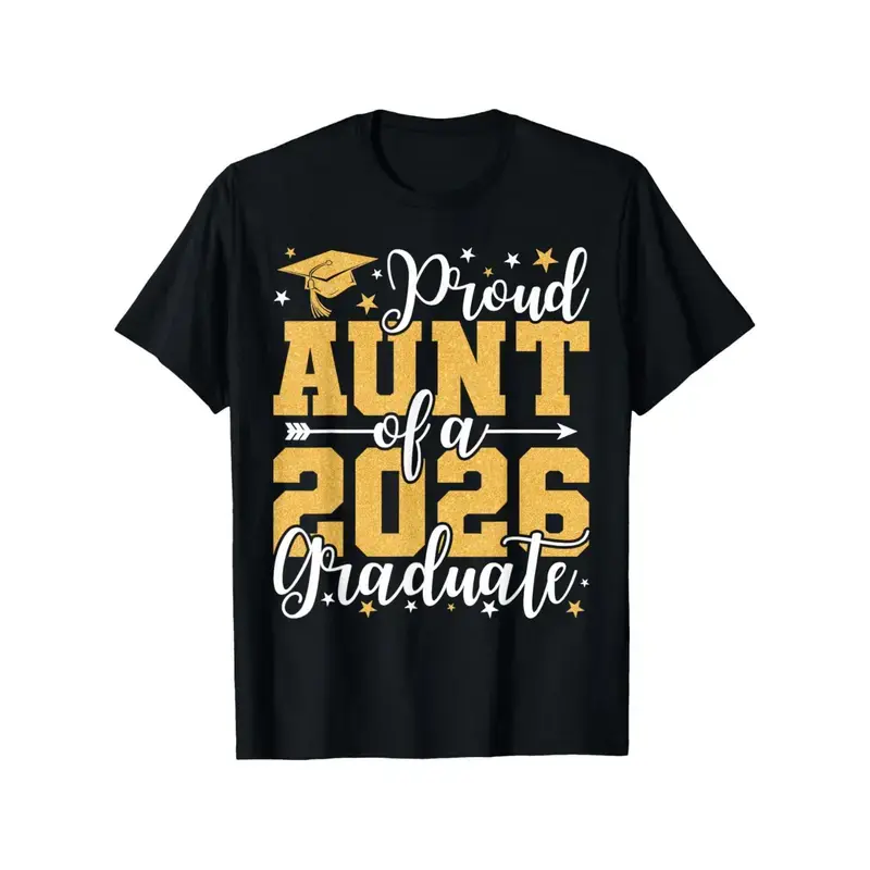 Unisex Casual Cotton Crew Neck Short-Sleeve T-Shirt - Minimalist Graduation Print, Machine Washable, Proud Aunt of 2026 Graduate Graphic Top