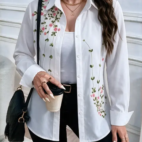 European and American fashion women’s elegant casual loose long top blouse, embroidered long-sleeve shirt