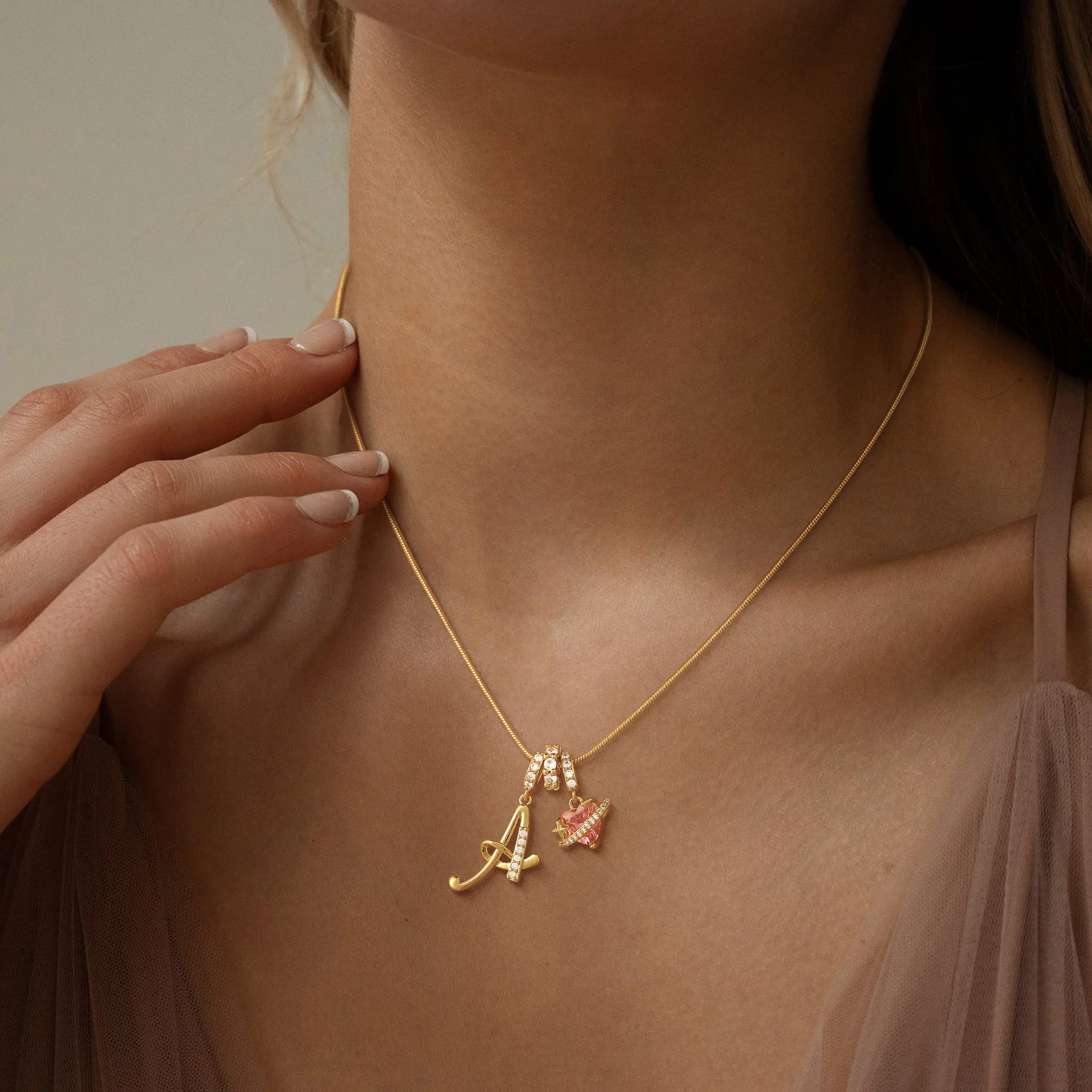 Dearmay Letter Pendant Gold Necklace for Women Initials A-Z Adjustable Length Necklace Pink heart-shaped zirconia SummerVibes Jewelry Gift for Teen Girls&Mother