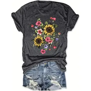 Sunflower Bouquet Print T-shirt, Floral Shirt, Fashionable Simple Short Sleeve, Loose Breathable Round Neck Print Plus Size Women's T-shirt, Women's Vacation and Travel T-shirt