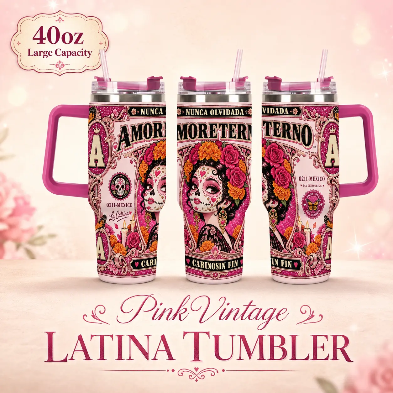 1pc 40oz Insulated Tumbler, Amor Eterno La Catrina Sugar Skull Pink Glitter 2D Flat Printed Stainless Steel Travel Mug, Mexican Day of the Dead Themed Water Cup, Latina Gift For Women, Gift For Latina