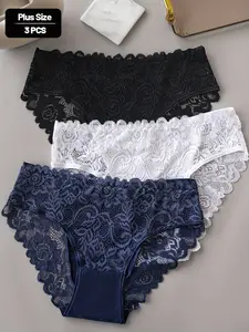 Plus Size 3 Piece Set High Waist Sexy Lace Trim Underwear, Women's Comfortable Lace Decorated Briefs, Available in 1xl-3xl, Soft Comfy Panties