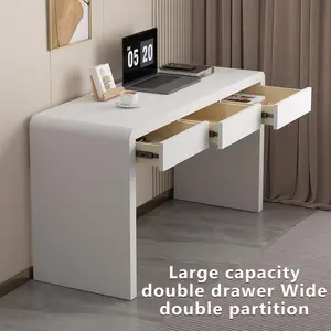 Modern White Office Desk with Drawers & Built-in Power Outlet, 47/55 Inch Aesthetic Computer Desk, Child-Safe Curved Edge Writing Table, Vanity & Console Table
