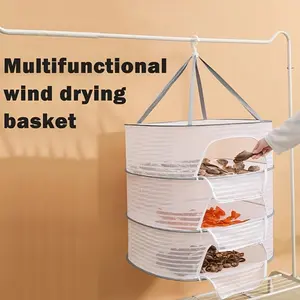Multi-Functional Three-Layer Collapsible Drying Net - Suitable for Fish, Vegetables, Etc.- a Perfect Storage Solution for Balconies with a Foldable And Enclosed Drying Feature.Laundry Installation Racks 3 Tier