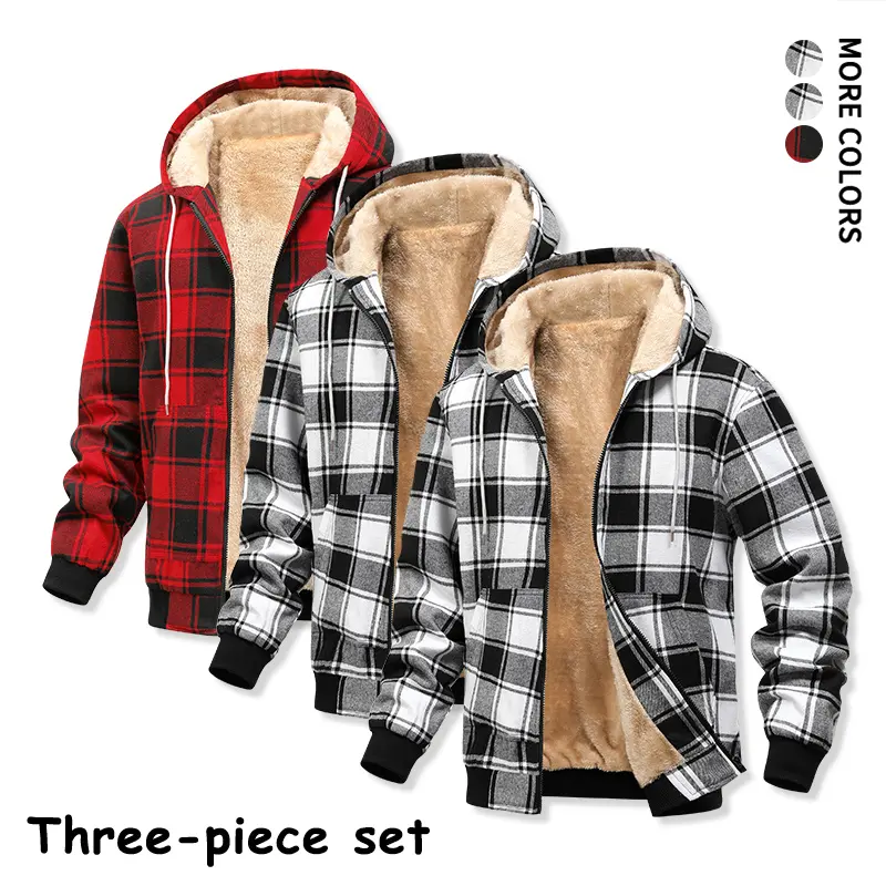 Men's Retro Classic Plaid Full-Zip Hooded Jacket, Soft Fleece Lined Outerwear with Drawstring Hood, Jackets Zip Up for Fall Winter Casual Wear Daily Outdoor Street Looks#SohoChic