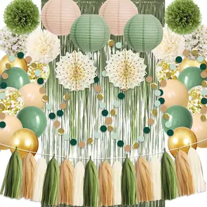 Sage Green Gold Party Decorations, 45Pcs Kit Balloons Paper Pompoms Tassel Garland Fringe Curtain For Wedding Bachelorette Baby Shower Birthday Party