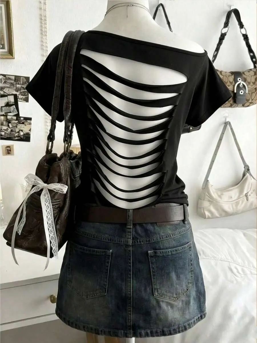 MOON Women's Black Skeleton Cut Out Backless T-Shirt - Short Sleeve Off Shoulder Gothic Grunge Top