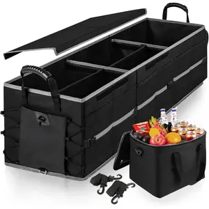 Collapsible Trunk Organizer for Car with Insulated Leak proof Cooler Bag, 3 Compartments SUV Cargo Organizer Removable Dividers, 5 in1 Car Storage Organizer with Foldable Lid,2 Tie-Down Straps(Black)