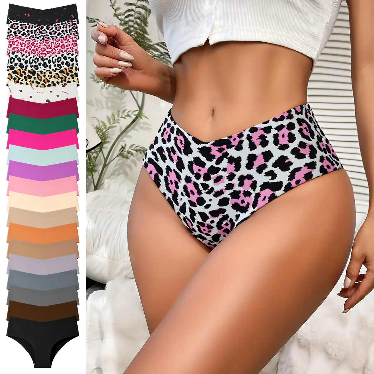 Hotcom Women's Minimalist & Leopard Print Panties, Soft Seamless Underwear Multipack, Breathable and Comfortable for Everyday Wear, Pieces, Lingerie, Panty, Solid, Cute, Preppy, Lady, Basic, Essential, Elegance, Low Waist, Plus Sizes, Breathable Fabric, E