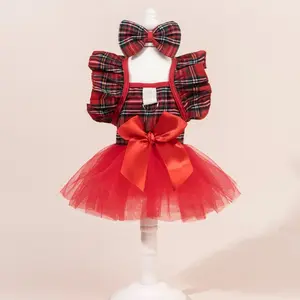Cute Fashion Print Pet Dress with Bow, Plaid Pet Costume, Elastic Mesh Princess Dress, Puppy Cat, Complete Set