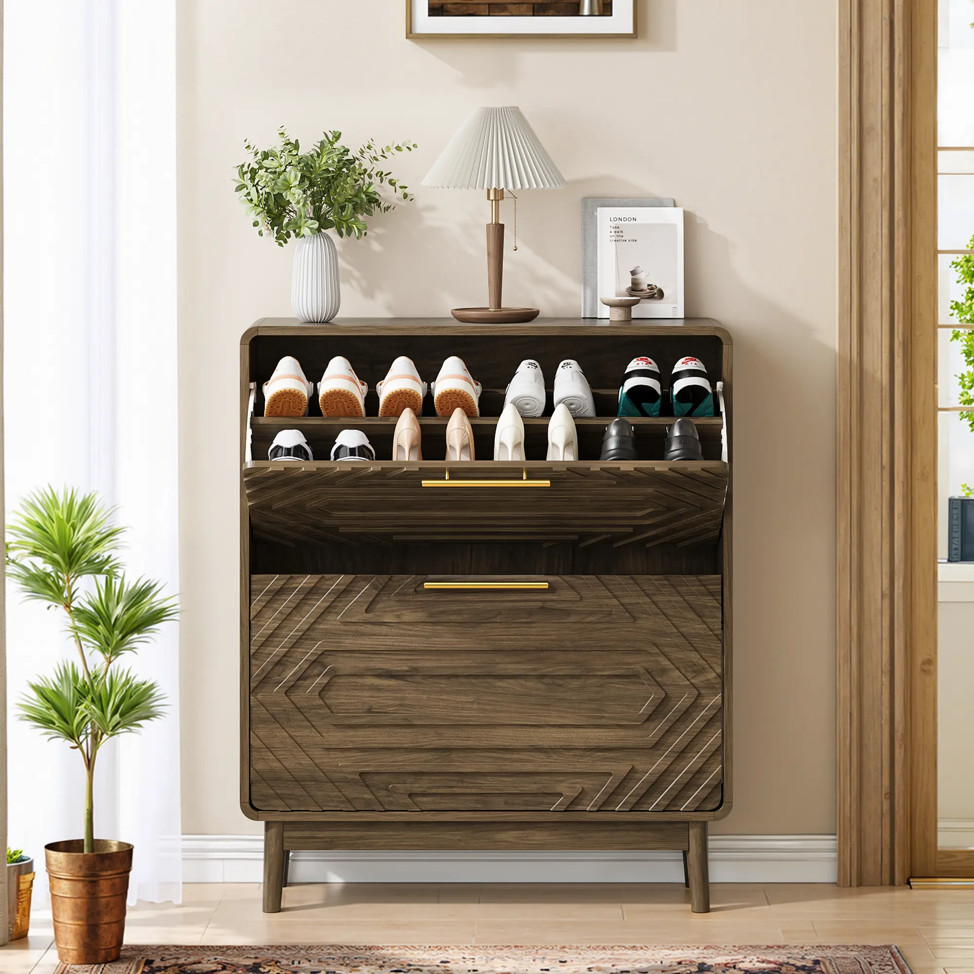 Spaco 31.5-in Sturdy Walnut Wood Mid-Century Modern Freestanding Shoe Cupboard - 2 Flip-Top Drawers, Geometric Decoration Racks, Compact Adjustable Storage, Floor-Mounted, Holds Over 25 kg, Footwear Organizer for Hallway,Foyer